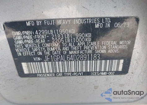 2013 Subaru Impreza 2.0I Sport Premium из США, поврежденный, VIN JF1GPAL64D2891183